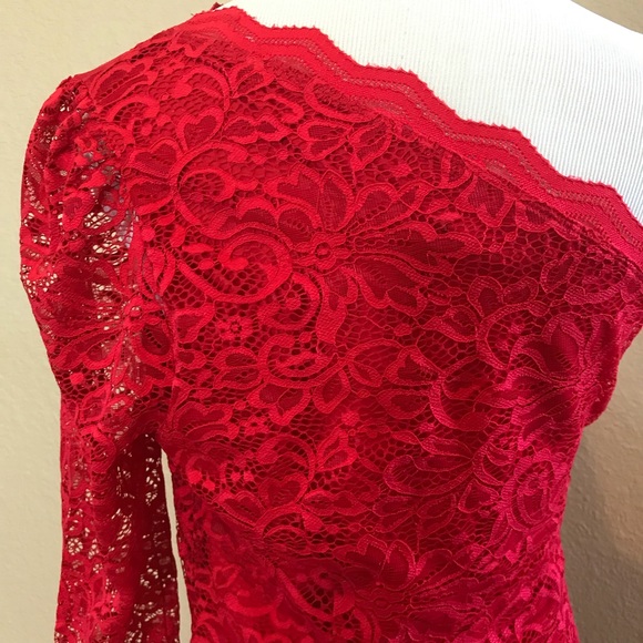 Express Red Lace One Shoulder Puff Sleeve Dress - Picture 7 of 7